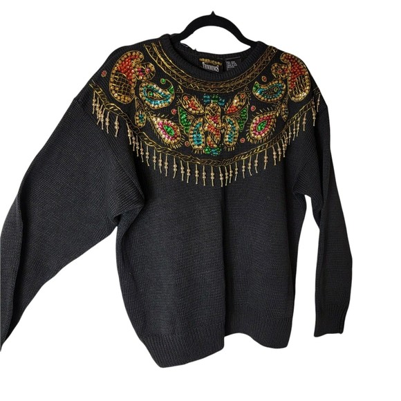 Vtg‎ 80s Trimmings Black Ramie Sweater with Gold Sequin Embellished Glam Medium - Picture 3 of 8